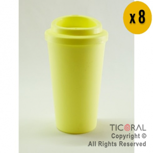 VASO TERMICO DE PLASTICO CAFE TIPO STARBUCKS AMARILLO PASTEL 300 CC X 8